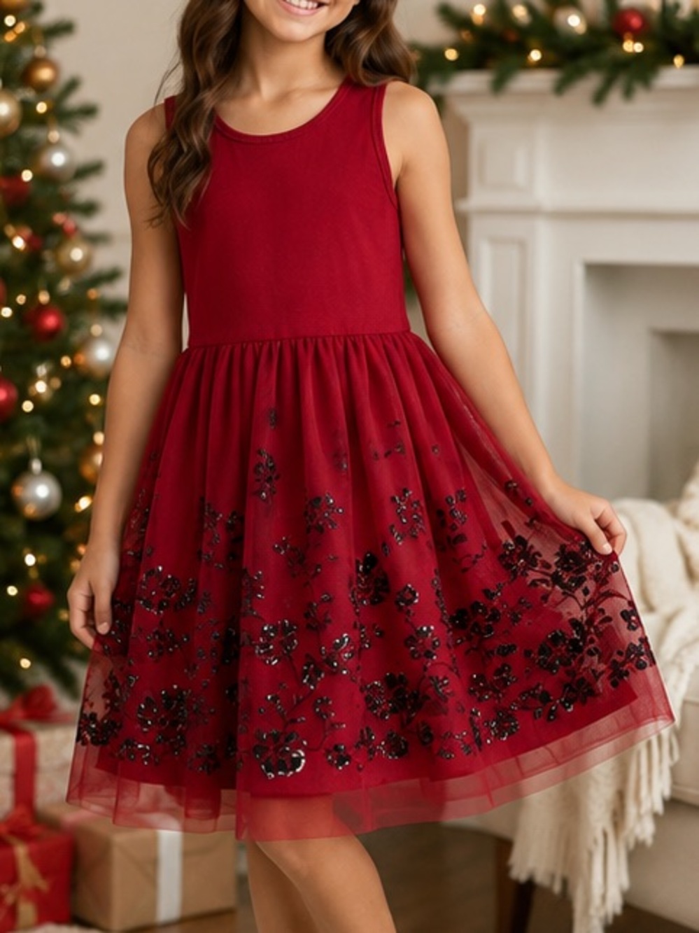 Knitworks Girls Size 10 Red Floral Sequin Tulle Holiday Party Dress